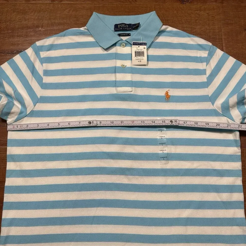 Ralph Lauren Polo Shirt Mens L Blue Stripe Short Sleeve Custom Fit Preppy Pony